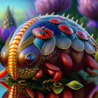 Vibrant fantasy landscape with intricately decorated beetle and colorful plant-like structures