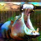 Colorful surreal artwork: stylized hippopotamus, fish, and cosmic backdrop