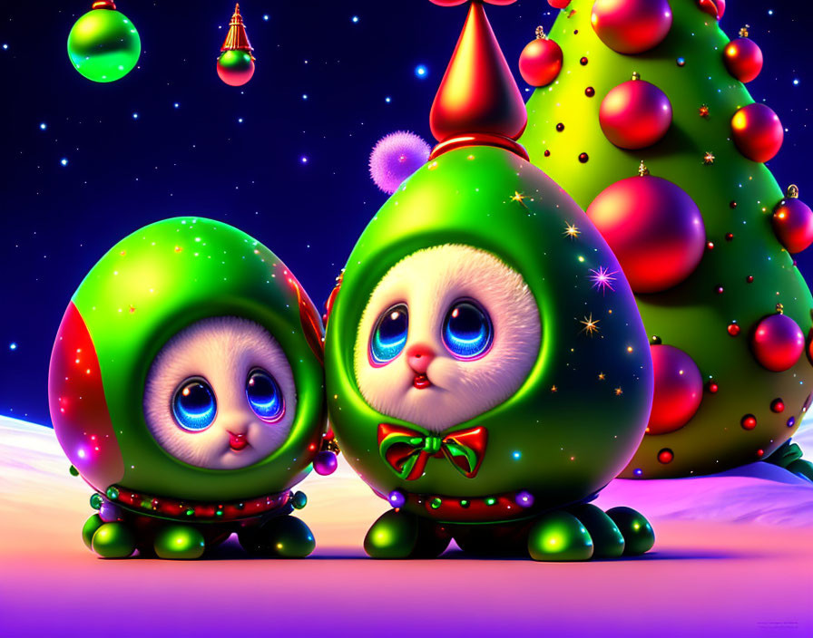 Colorful Christmas Scene with Stylized Creatures