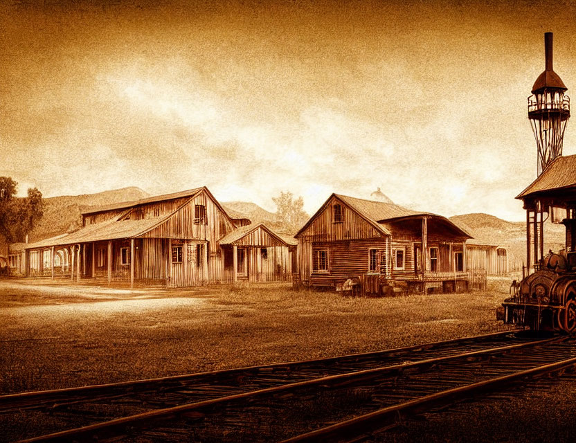 Vintage western train station with wooden buildings and locomotive.