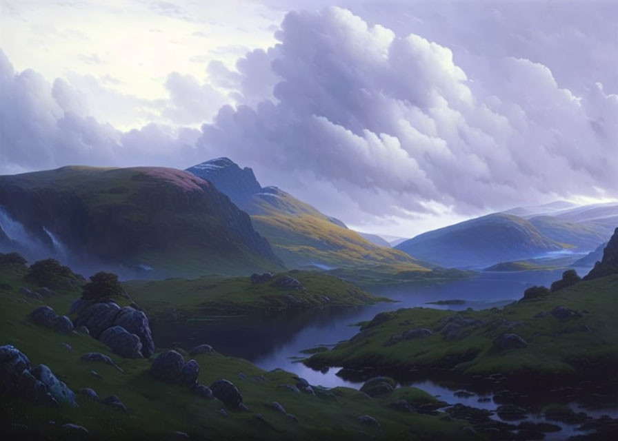 Tranquil landscape: rolling hills, calm lake, boulders, fluffy clouds at dusk or