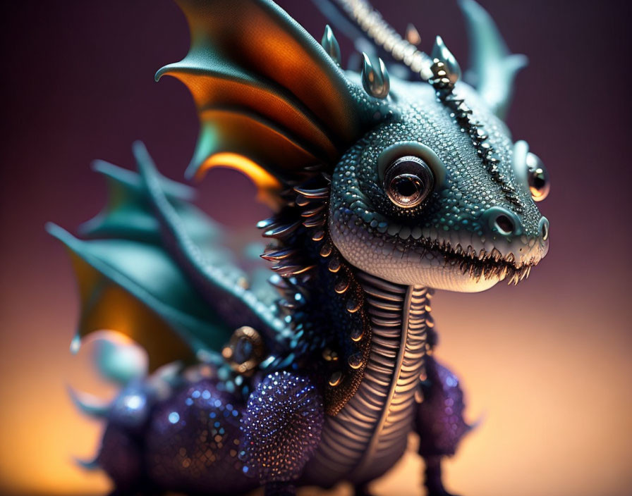 Whimsical dragon-like creature with expressive eyes and iridescent scales in blue and purple against warm