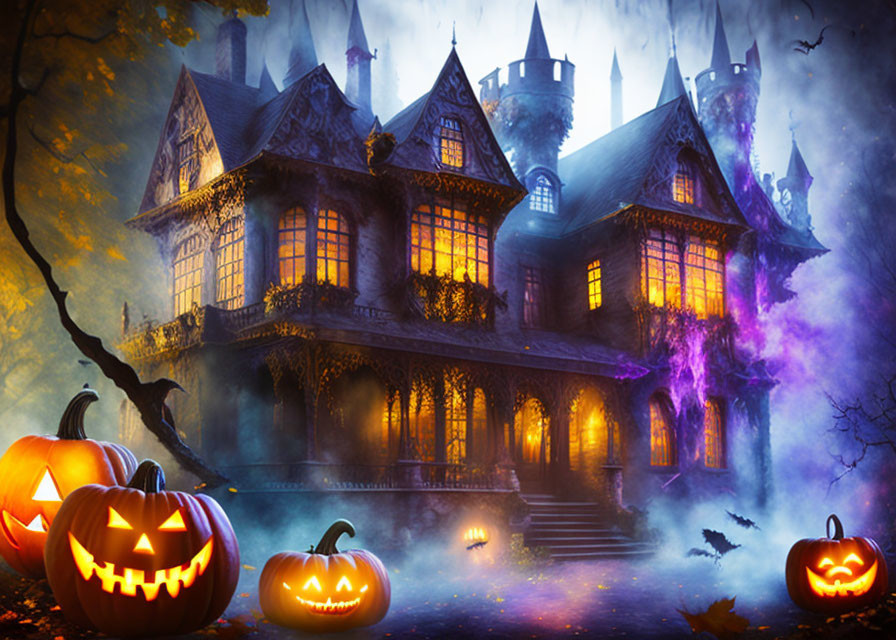 Eerie Halloween scene with jack-o'-lanterns and haunted house in foggy setting