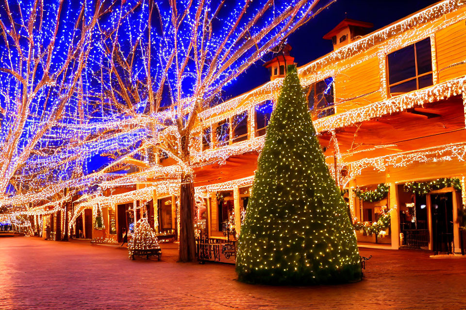 Festive Street with Blue and White Christmas Lights