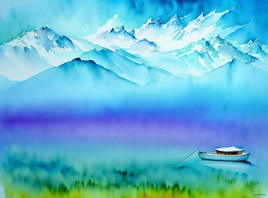 Serene landscape watercolor painting with snow-capped mountains, lake, greenery, boat