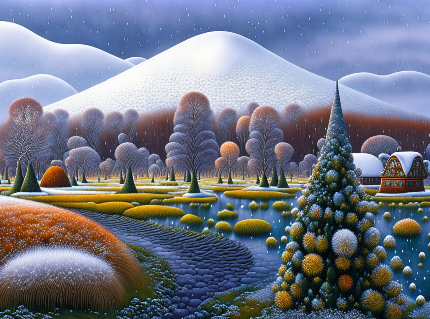 Snow-covered hills, trees, house, snowfall in serene winter landscape