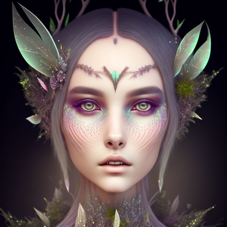 Fantasy character digital artwork with pointed ears and purple eyes