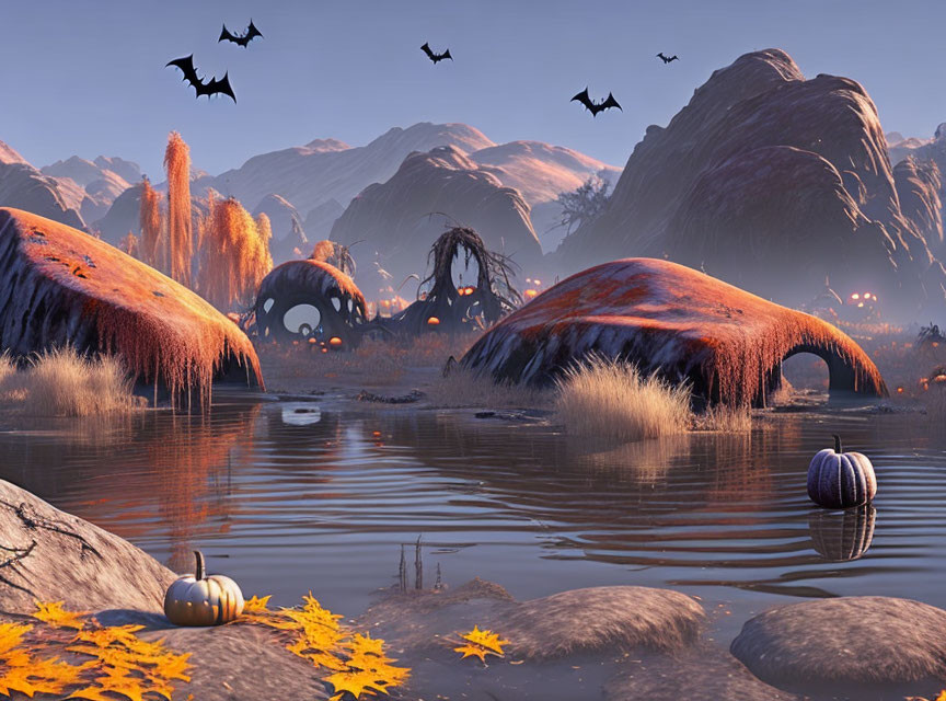 Tranquil autumn scene with lake, pumpkins, bats, and glowing eyes