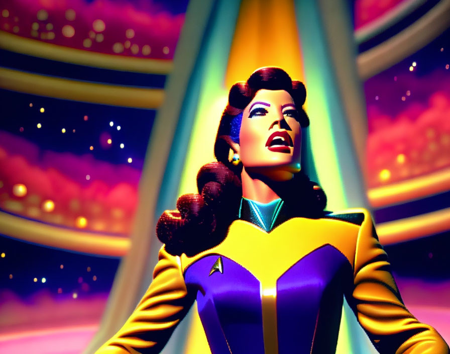 Colorful Retro Futuristic Woman Illustration in Yellow and Blue Suit