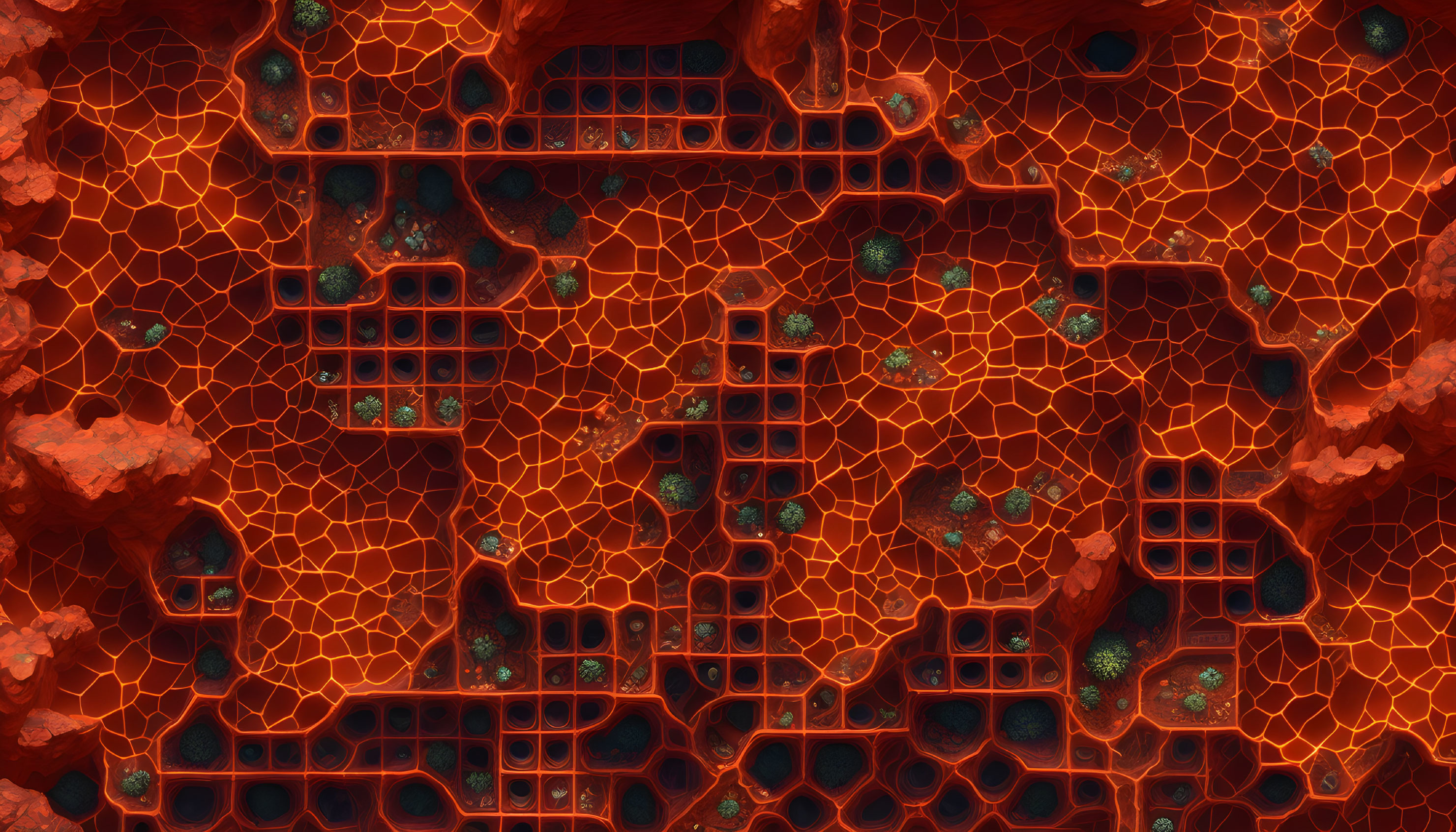 Abstract hexagonal pattern with fiery lava glow and green crystals