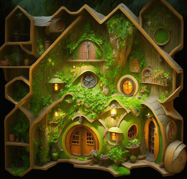 Fantasy Treehouse with Glowing Windows and Round Doors