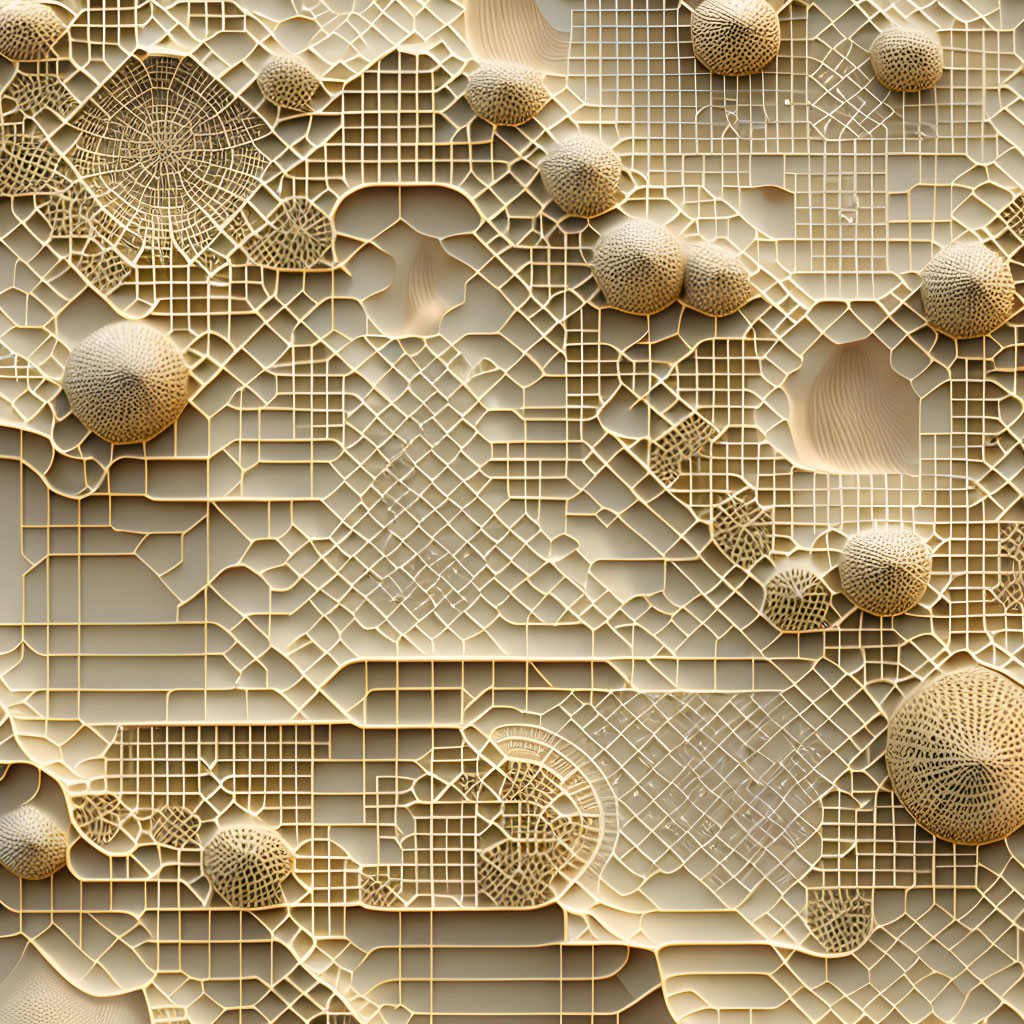 Detailed 3D golden pattern with grids, spheres, and floral motifs