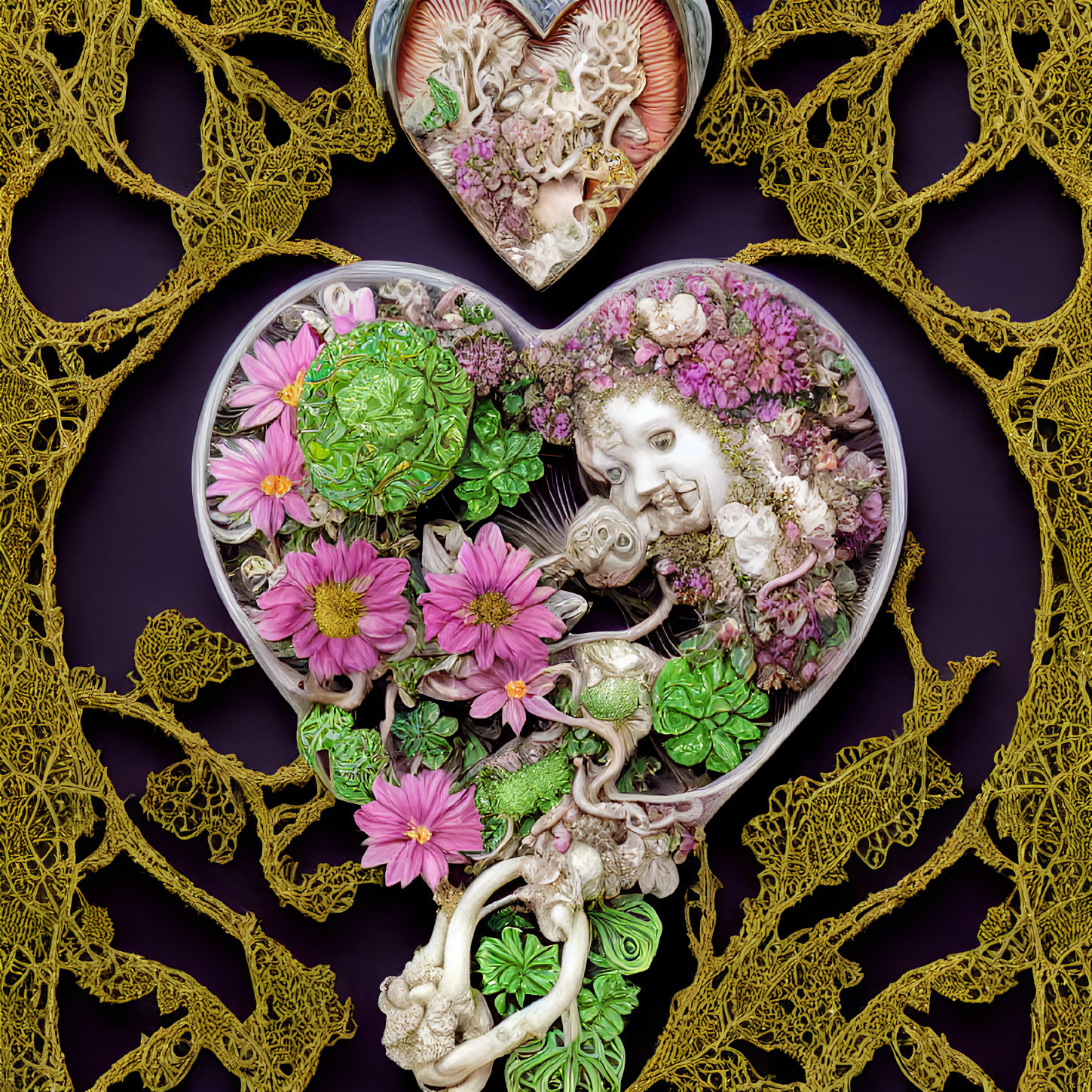 Heart-shaped art piece with flowers, sculptural details, and golden filigree on purple background