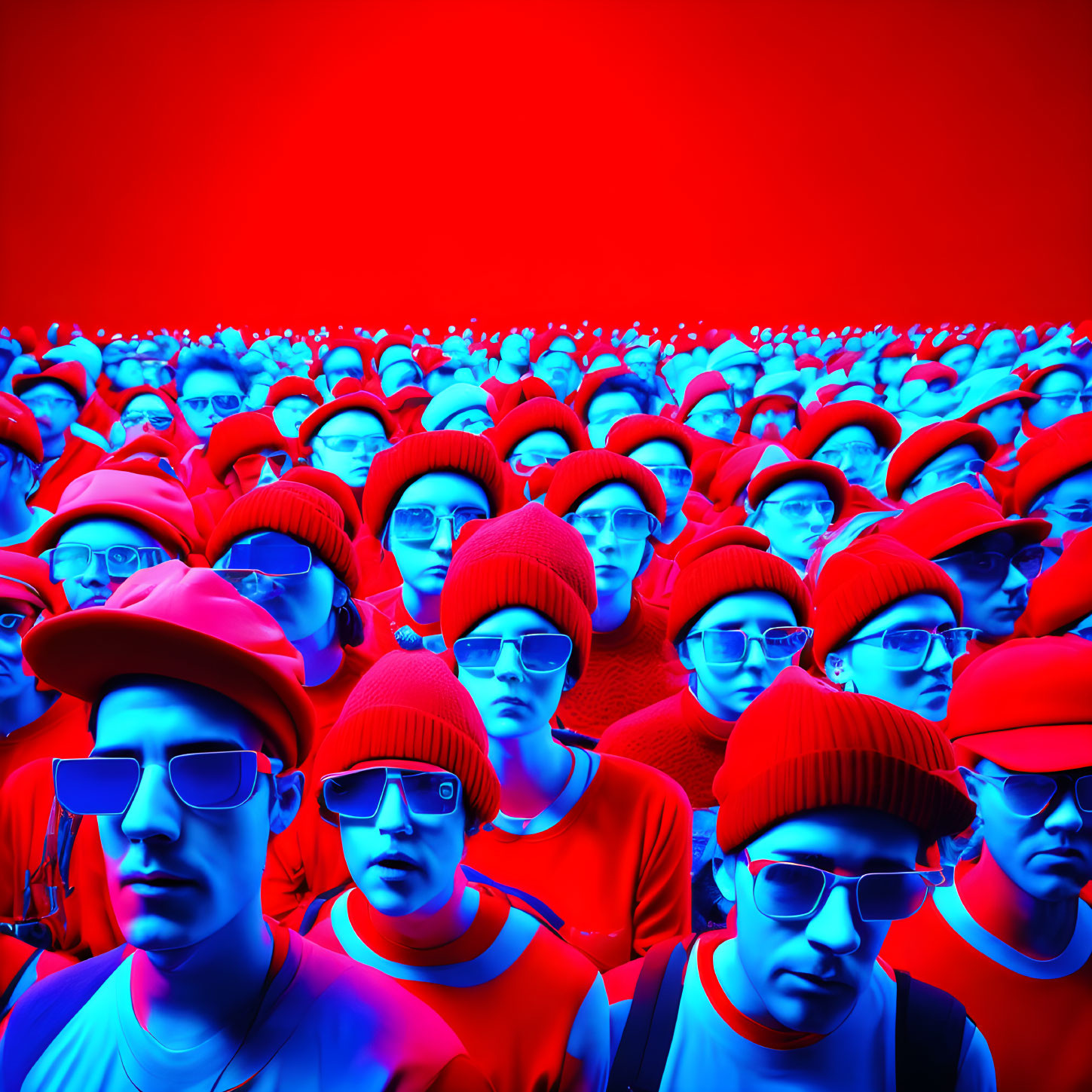 Identical Figures in Red Hats and Glasses on Vibrant Red Background