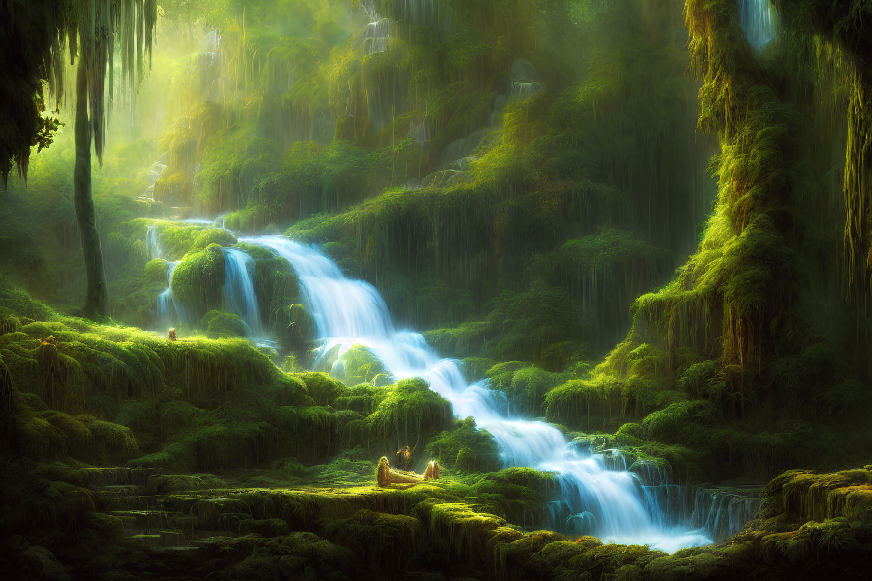 Tranquil fantasy landscape with cascading waterfall and lush greenery