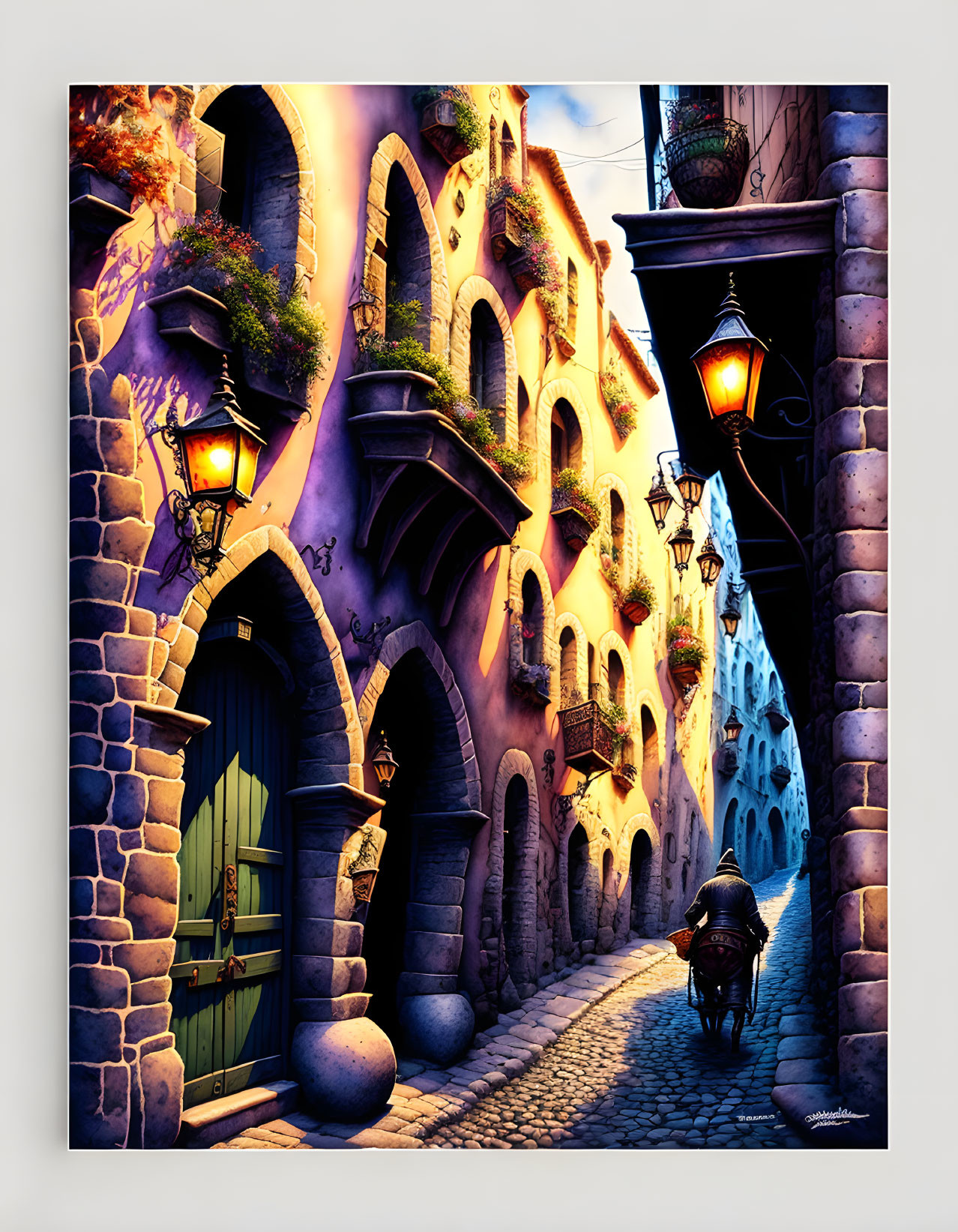 Whimsical cobblestone street with pastel buildings and lanterns