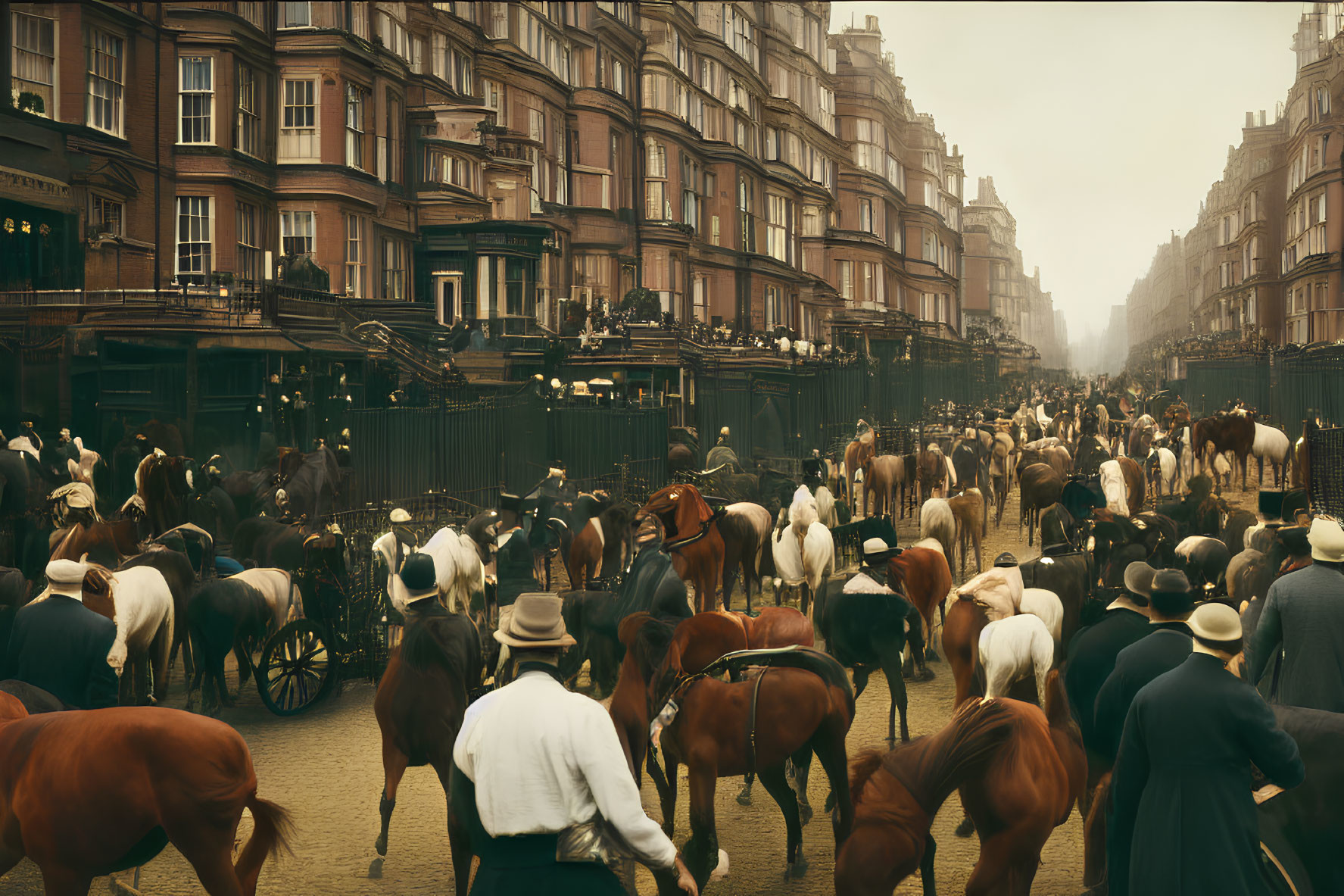 Historical street scene with horse-drawn carriages and pedestrians in period attire