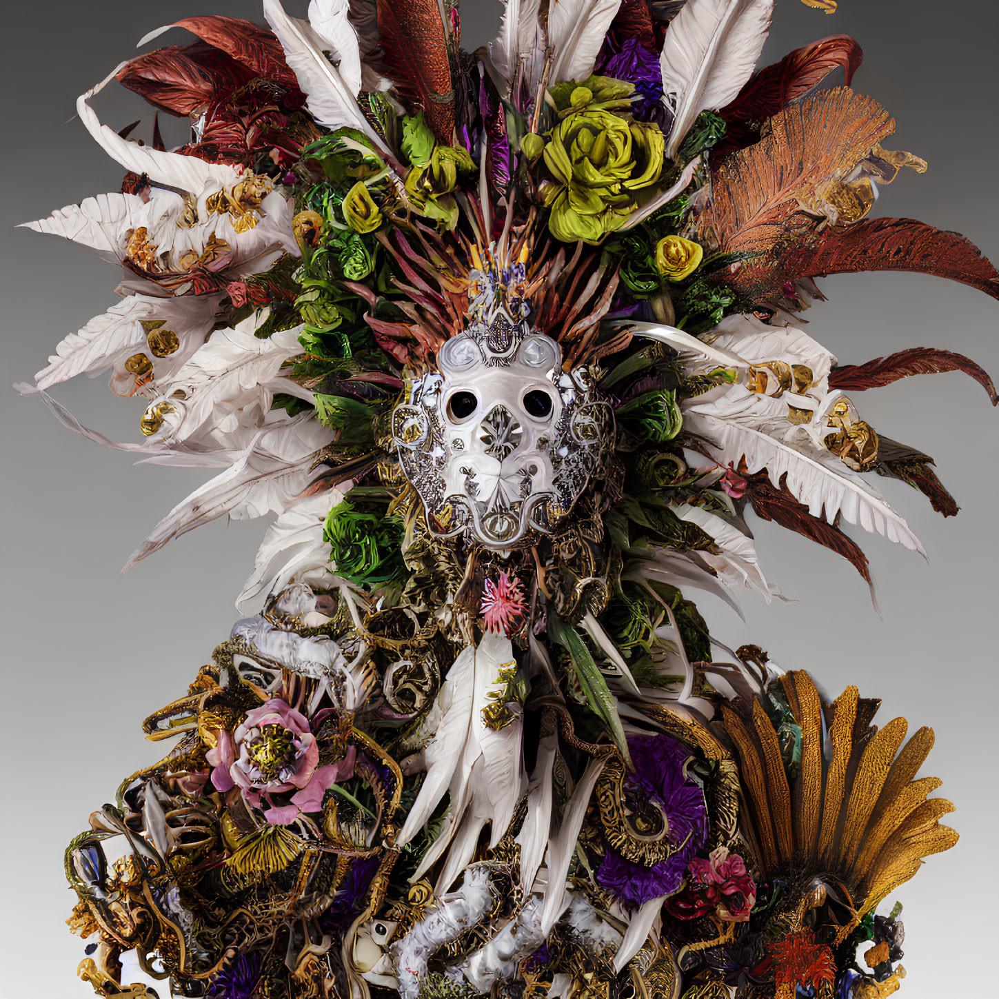 Colorful ornate mask with feathers and flowers in rich composition