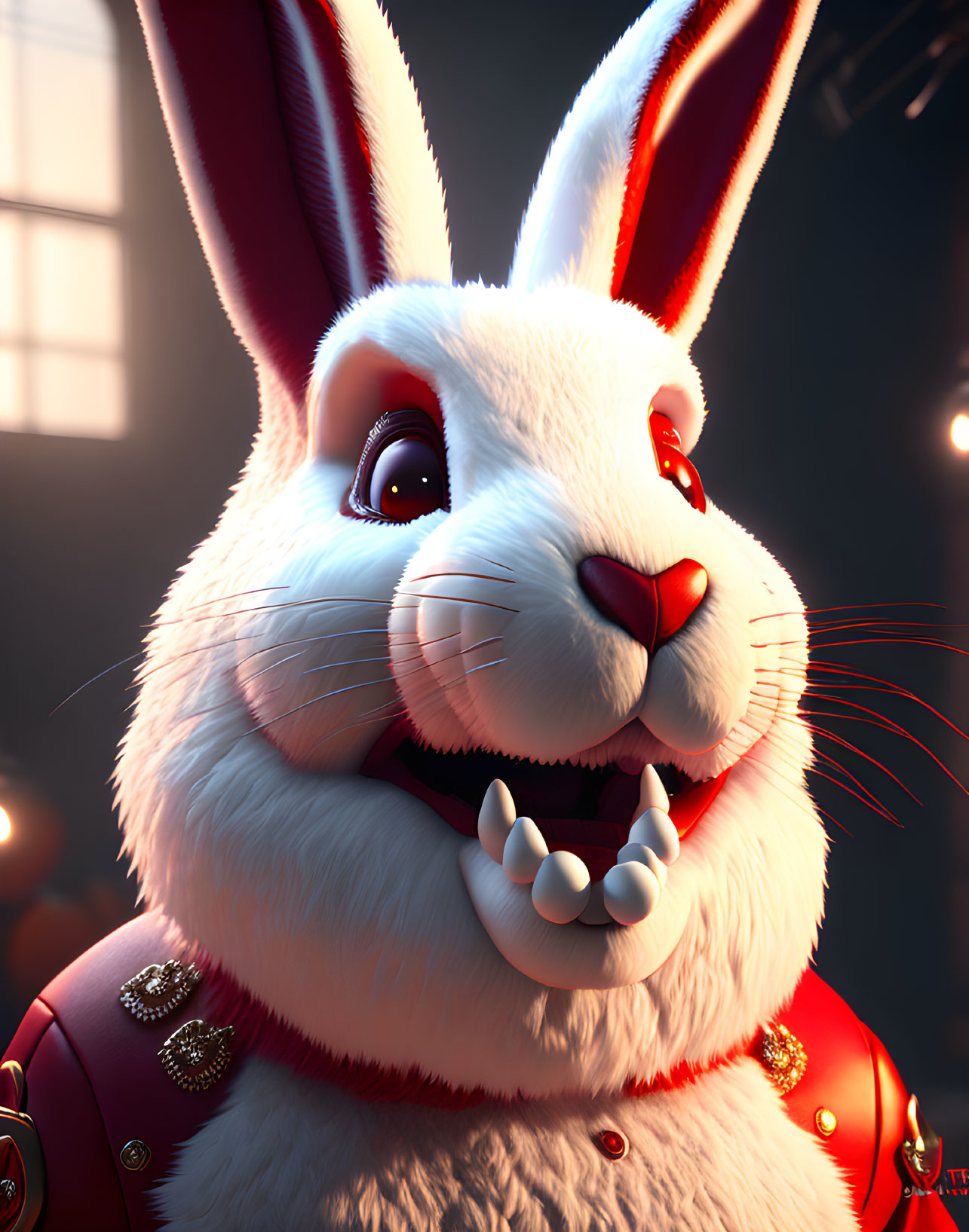 Stylized 3D-rendered white rabbit with sharp teeth and red eyes in dark setting