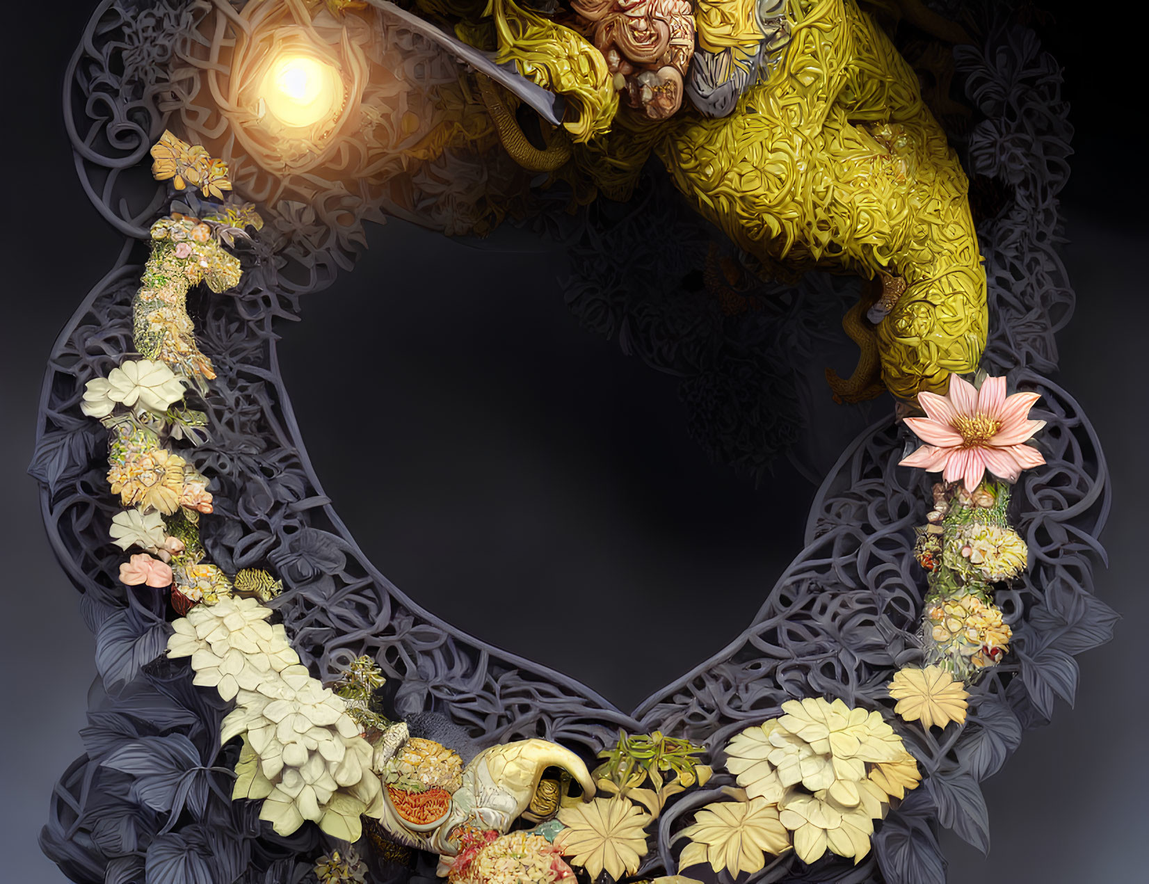 Golden elephant and vibrant floral artwork on dark background