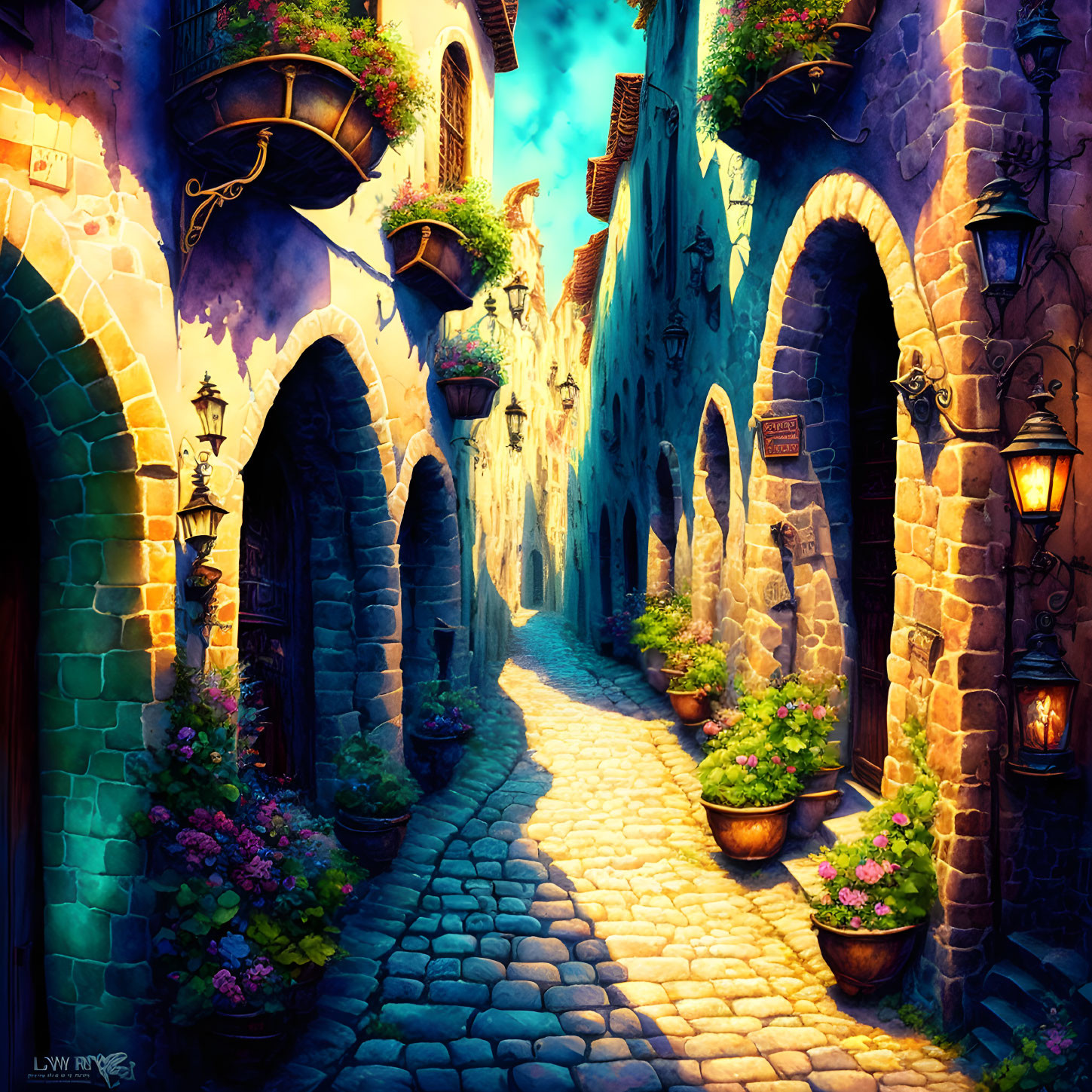 Colorful cobblestone alley with whimsical buildings and hanging plants