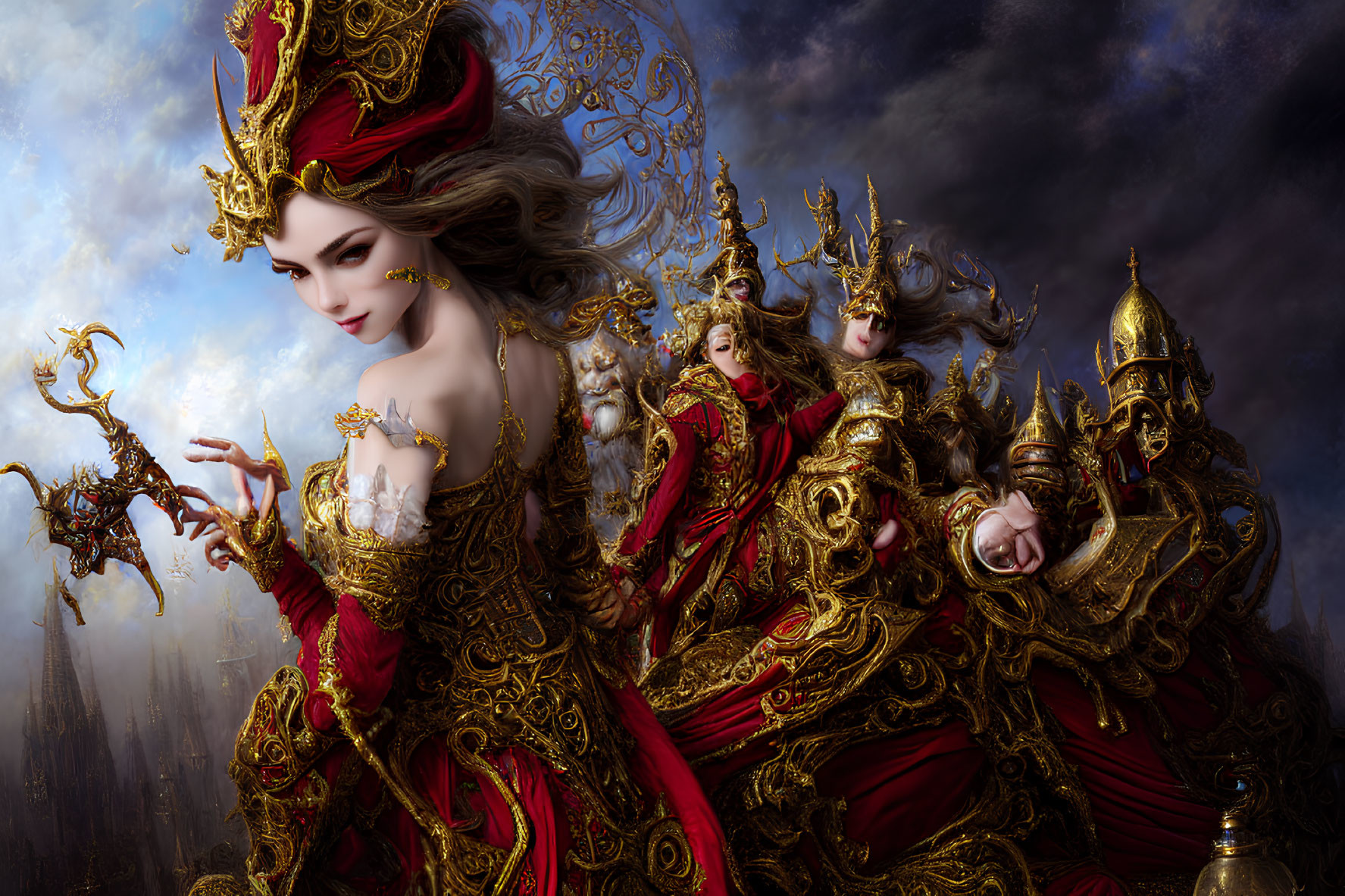 Regal women in golden and red attire under dramatic sky