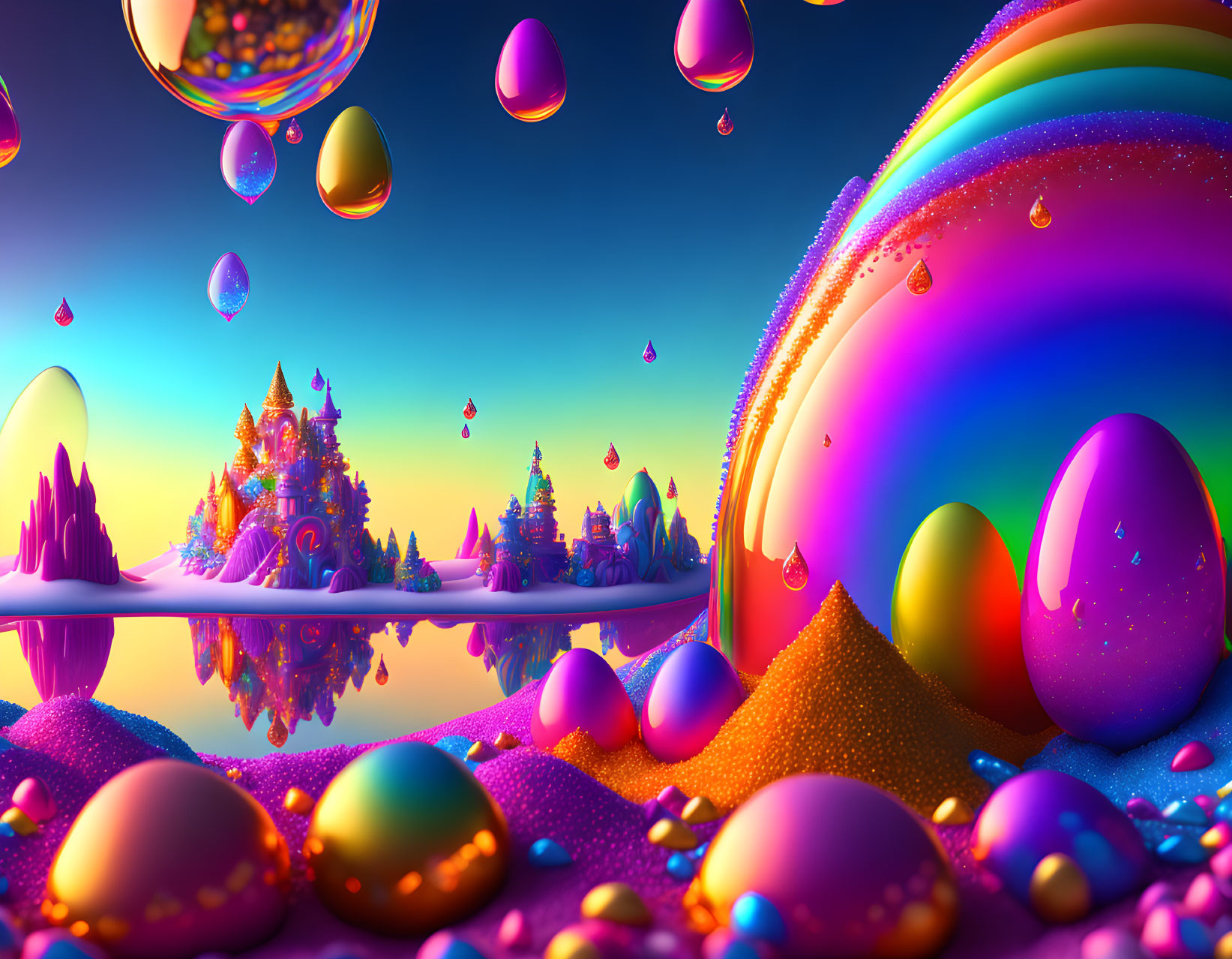 Vibrant Fantasy Landscape with Oversized Droplets and Rainbow Sphere