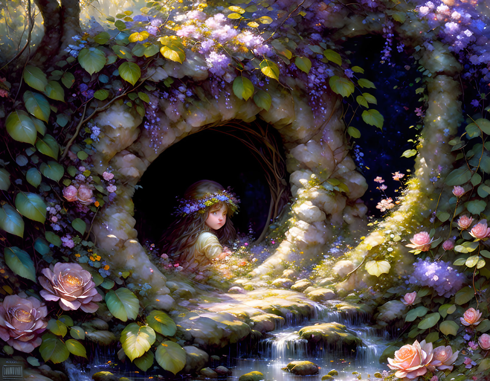 Fantastical forest illustration with girl in flower-hollow