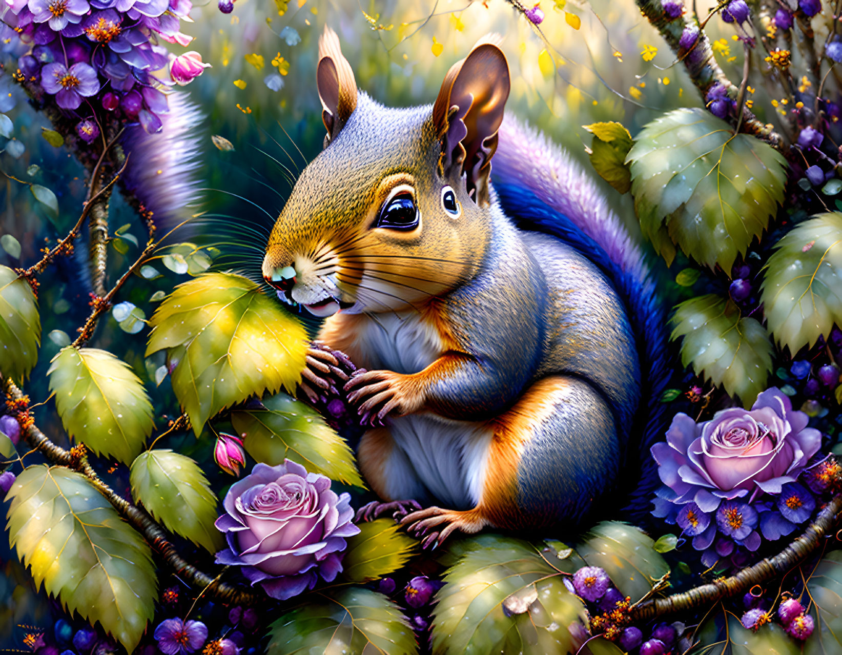 Colorful squirrel illustration in vibrant floral setting