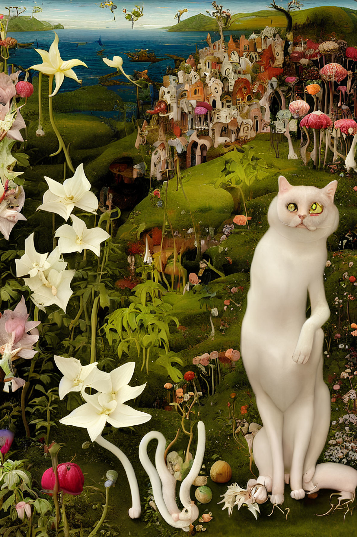 Surreal artwork: anthropomorphic white cat, flowering plants, quaint town, verdant hillscape