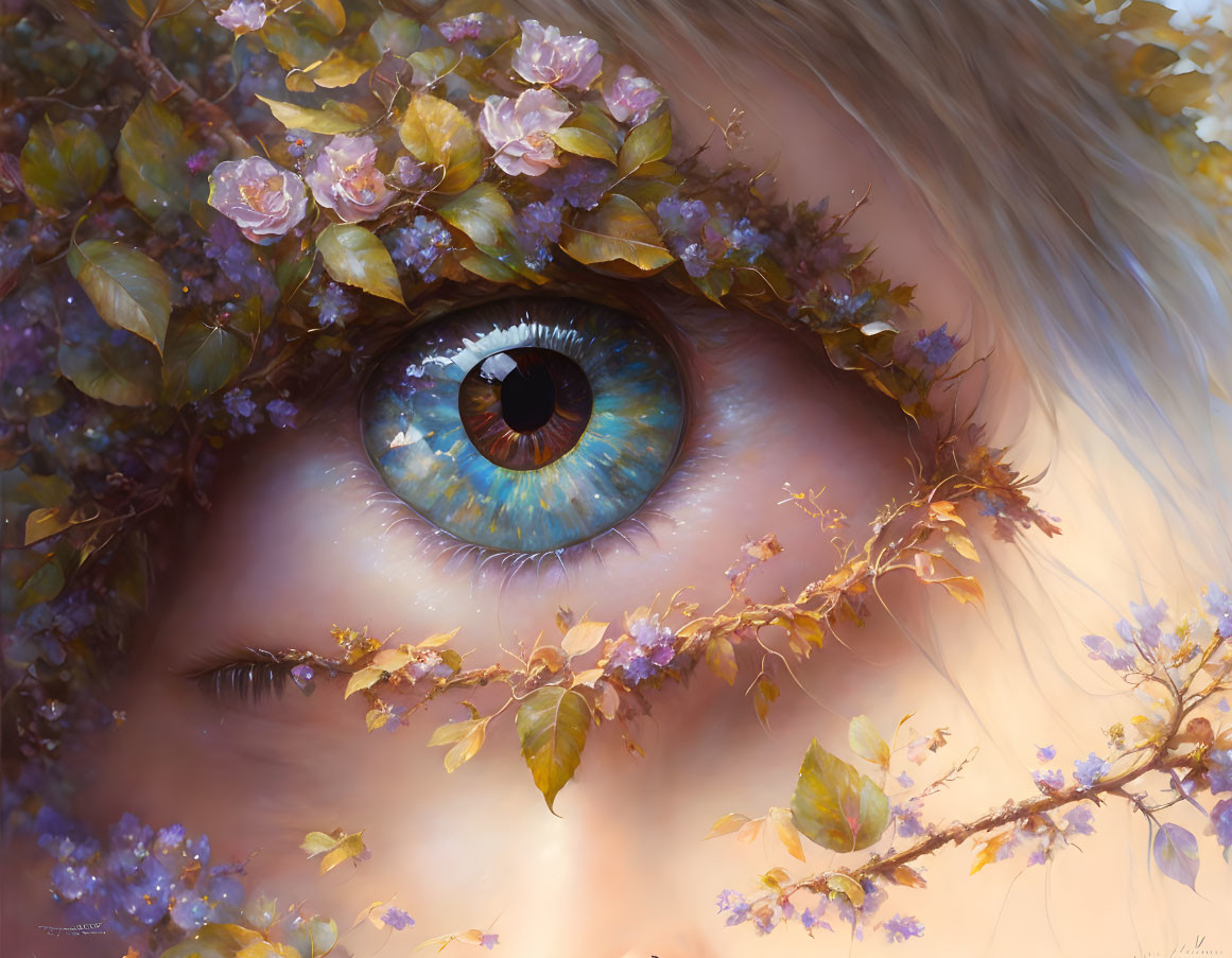 Detailed eye with flower wreath and blue iris on soft background