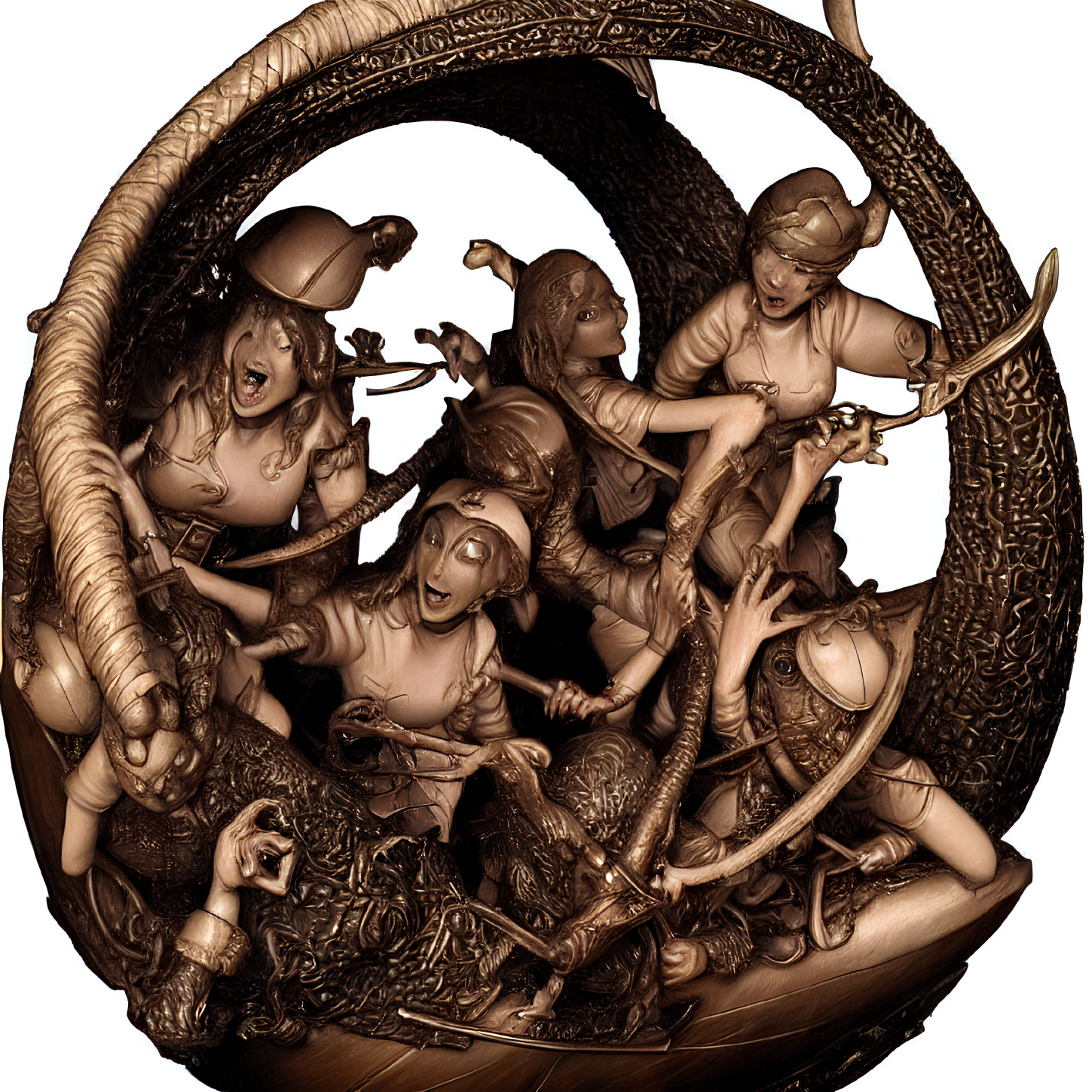 Intricate Bronze Sculpture of Joyful Nymph-like Figures