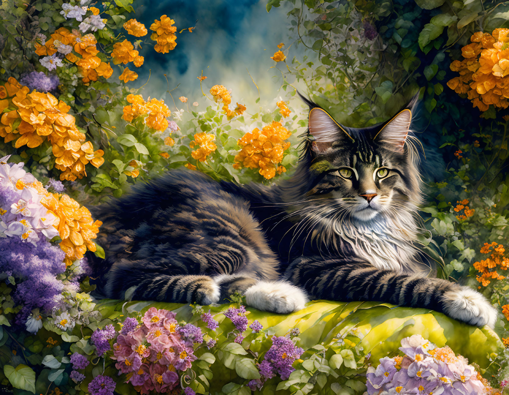 Tabby Cat Relaxing in Lush Garden with Purple and Orange Flowers