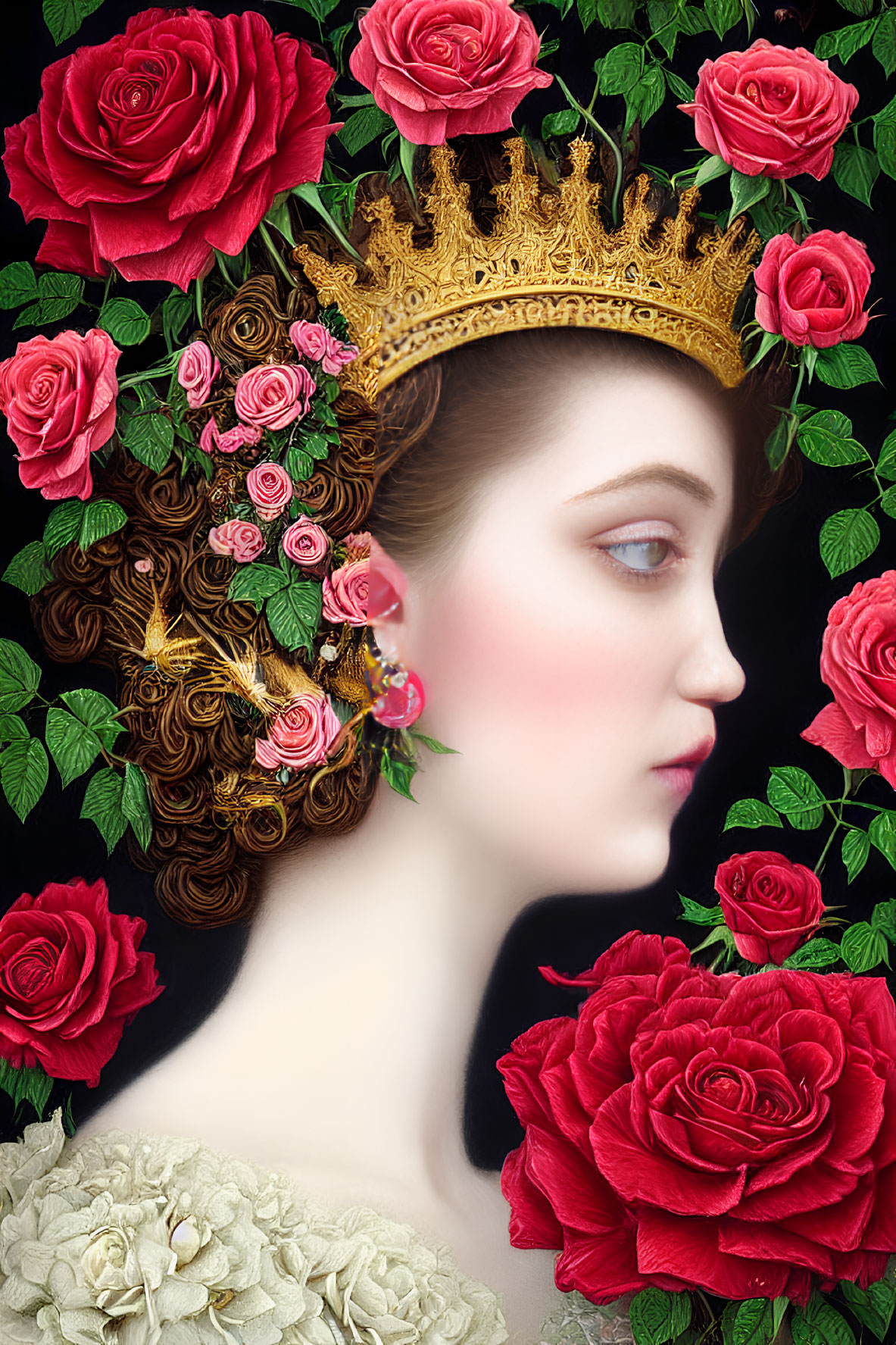 Profile Portrait of Woman with Rose Adornments and Golden Crown on Black Background