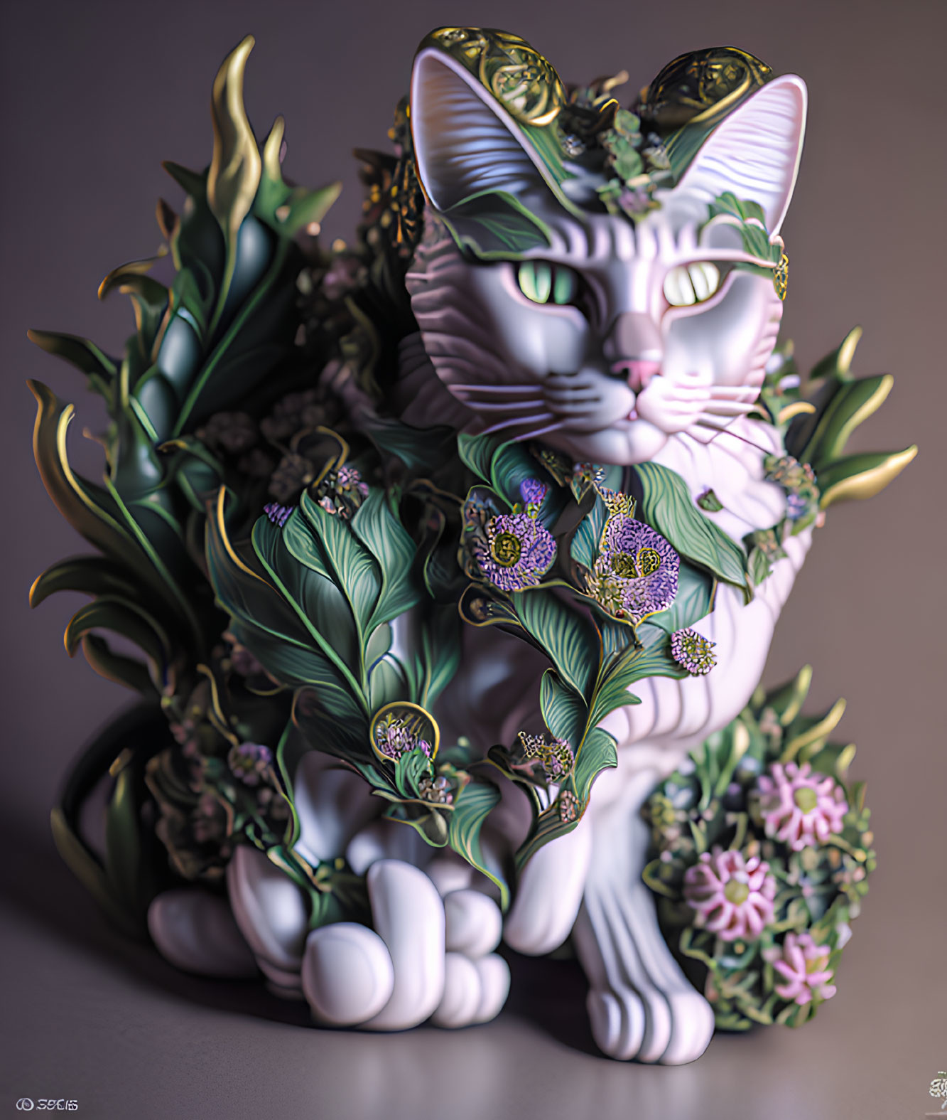 Porcelain Cat Figurine with Floral and Leaf Motifs