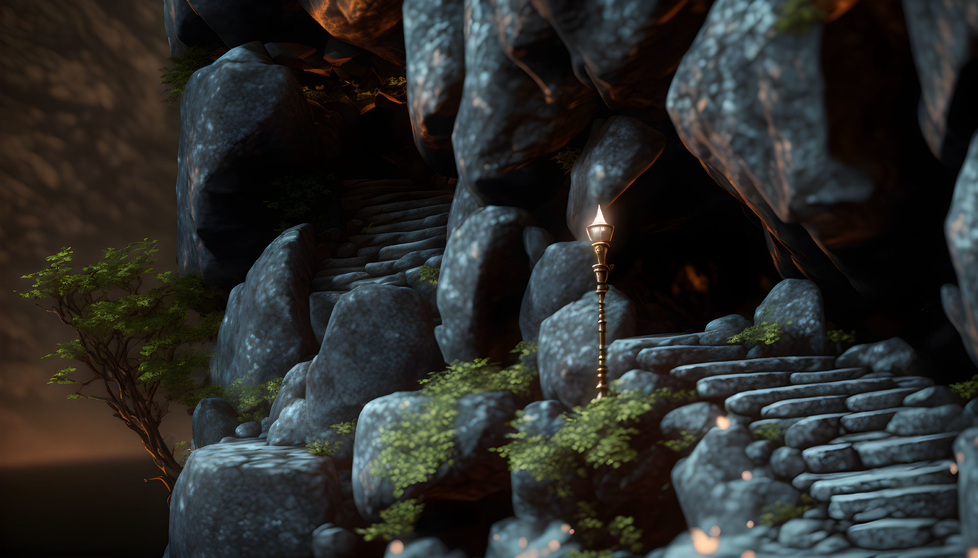 Mystical stone staircase in rugged cave with candlelight