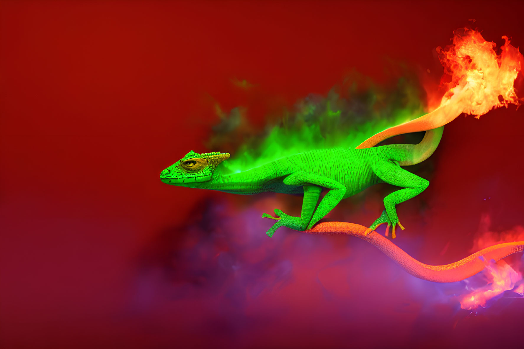 Green lizard with fiery tail on red background emitting green smoke turning orange