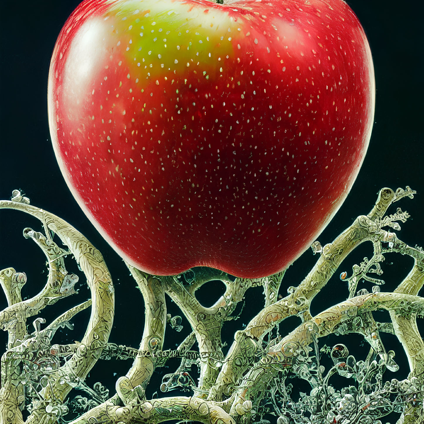 Vibrant red apple with yellow highlights on green root-like structures