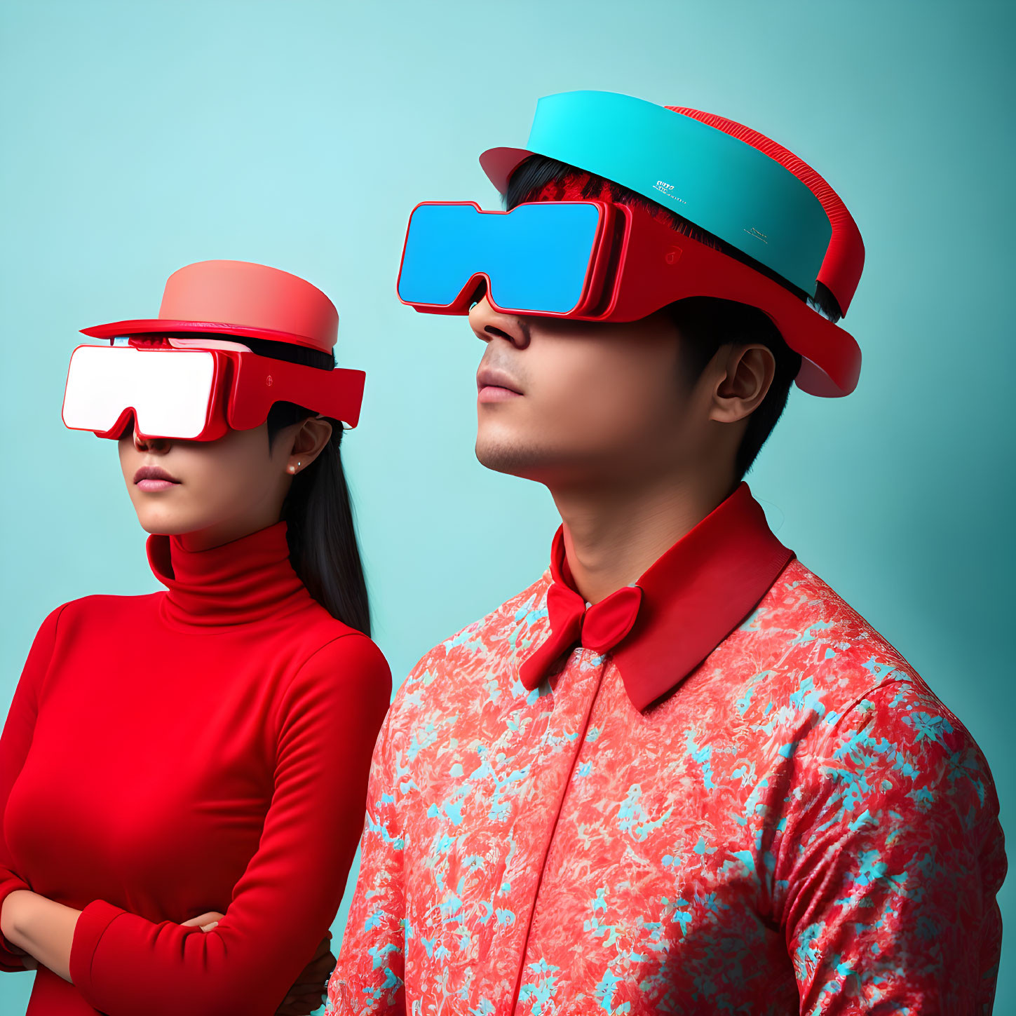 Two individuals in red attire with large, futuristic sunglasses on teal backdrop