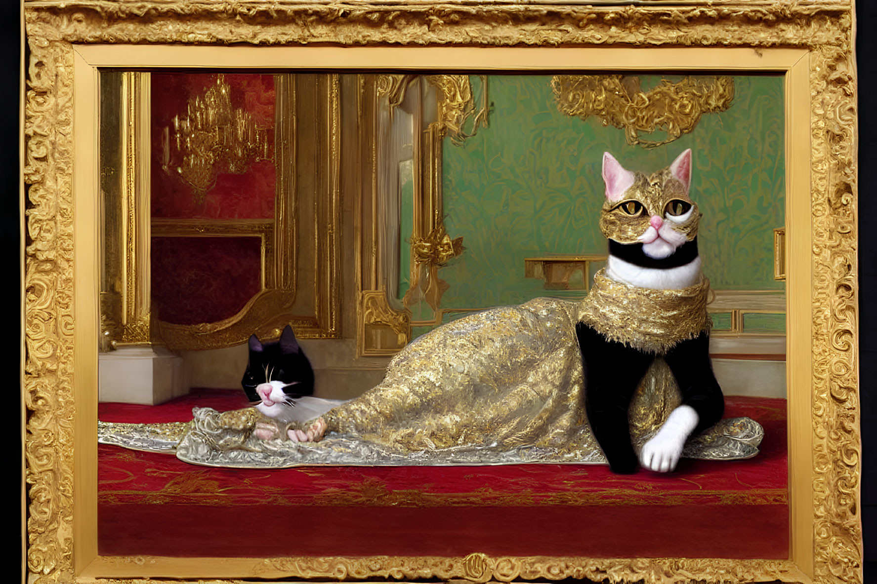 Regal cat portrait with gold-trimmed mantle and spectacles