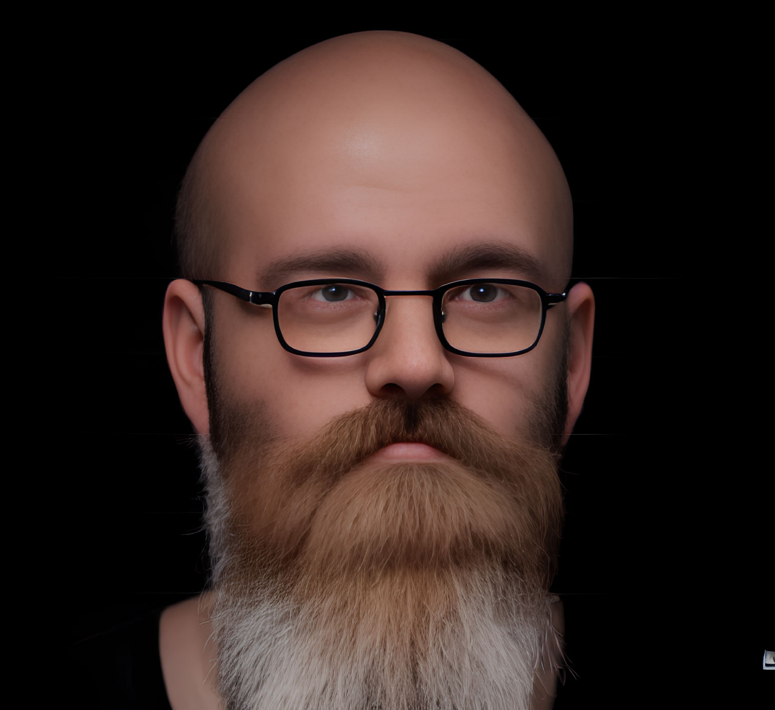 Bald Man with Full Beard and Glasses on Black Background