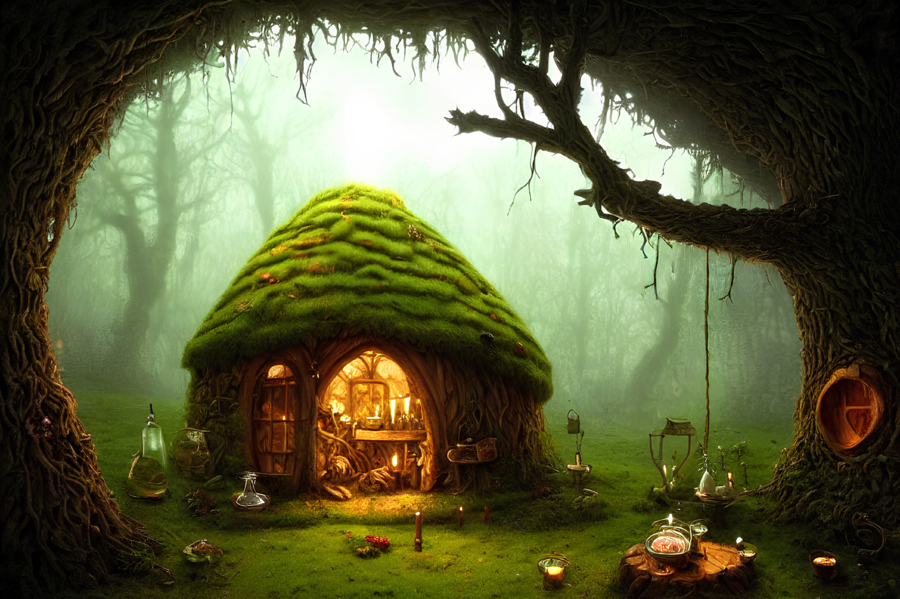 Enchanting forest scene with cozy hut and magical artifacts