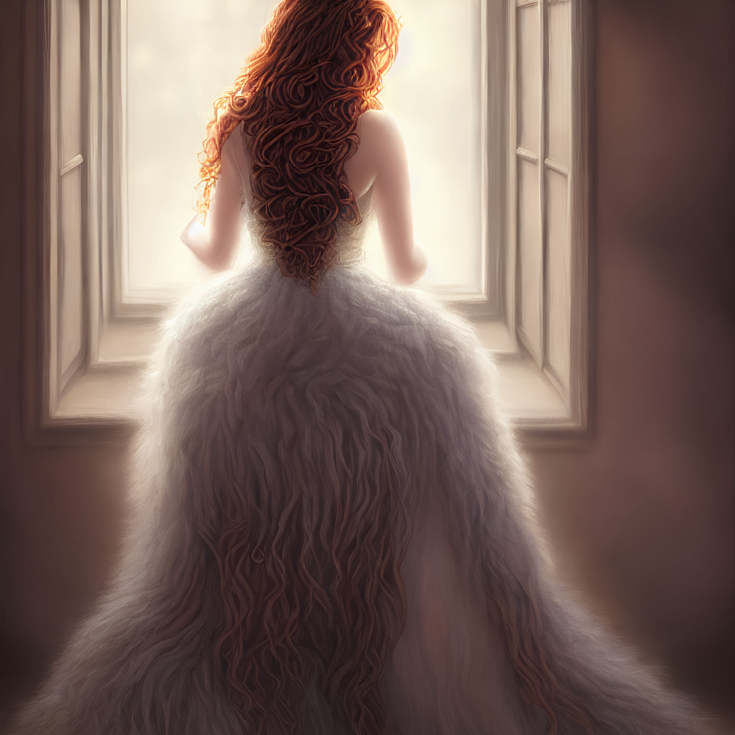 Curly Red-Haired Woman in White Dress by Open Window