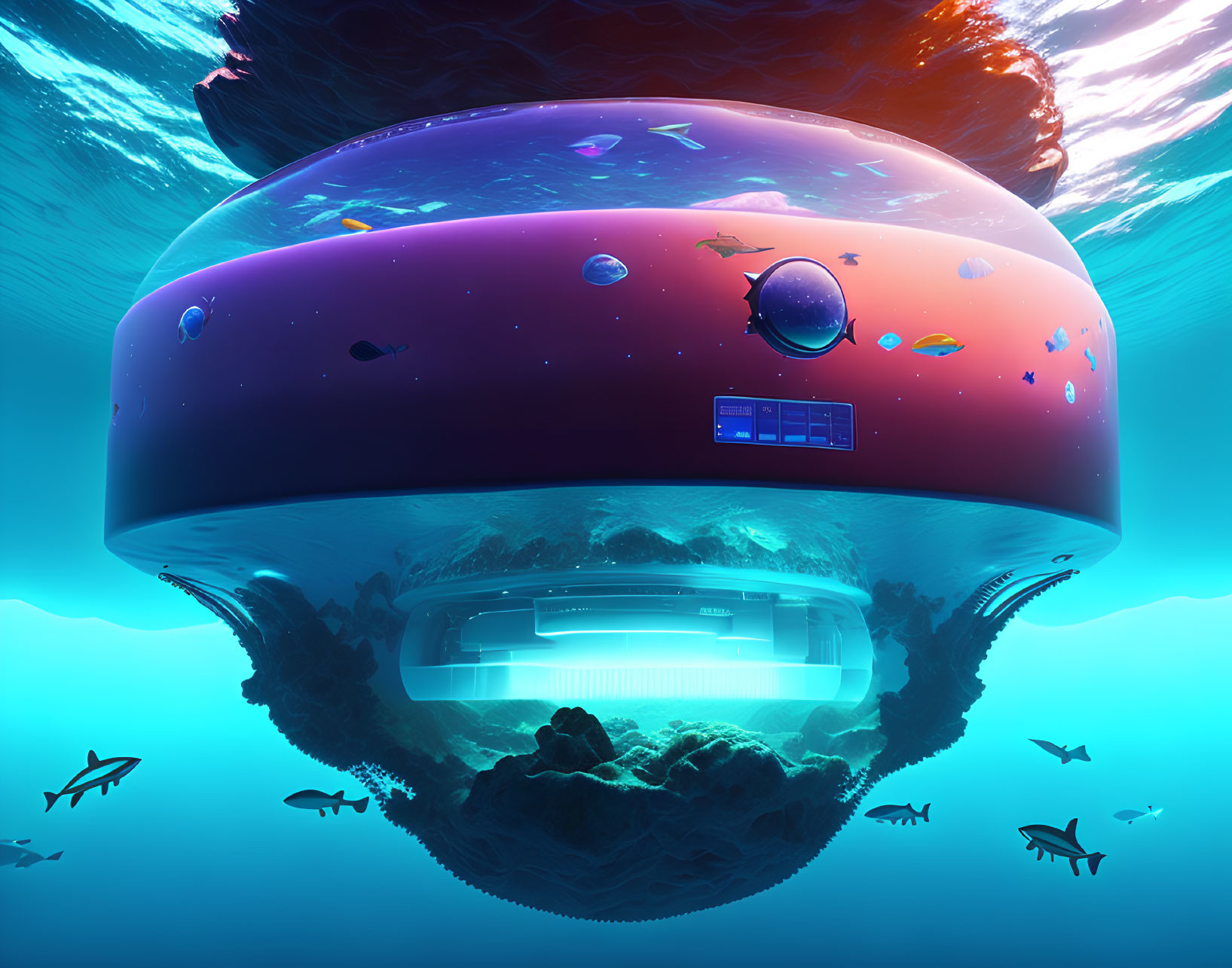 Futuristic underwater facility with dome structure and surreal cosmic blend