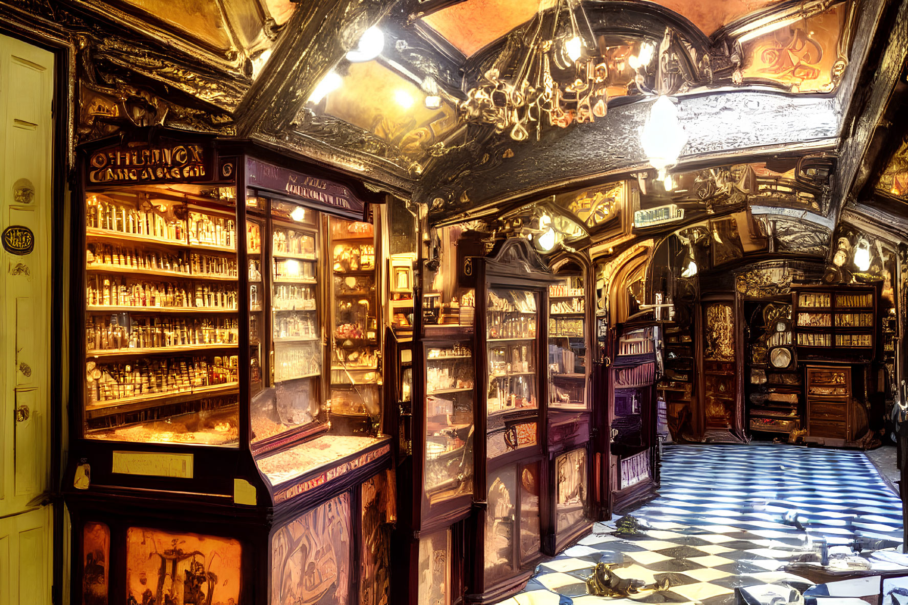 Vintage Pharmacy Interior with Wooden Fixtures and Glass Cabinets