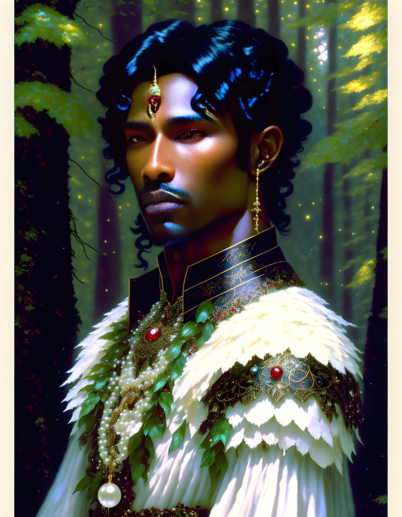 Person with Dark Hair in Feathered Garment and Gold Accessories in Mystical Forest