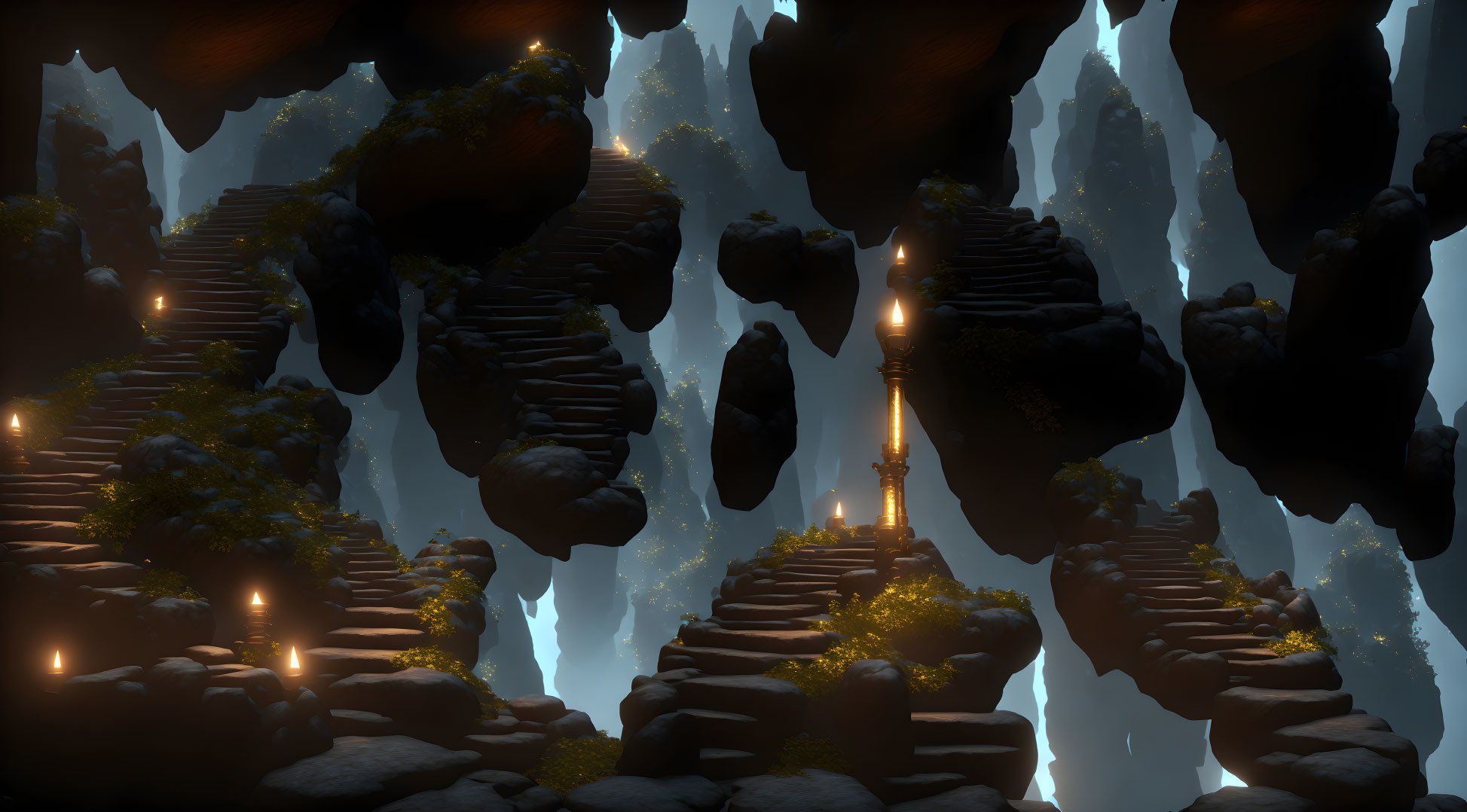 Mystical cave with floating rocks, glowing sword, candles, and ethereal light.