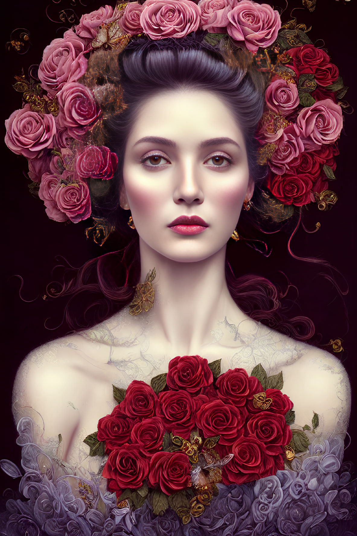 Portrait of Woman with Pink Rose Halo and Floral Collar on Dark Background