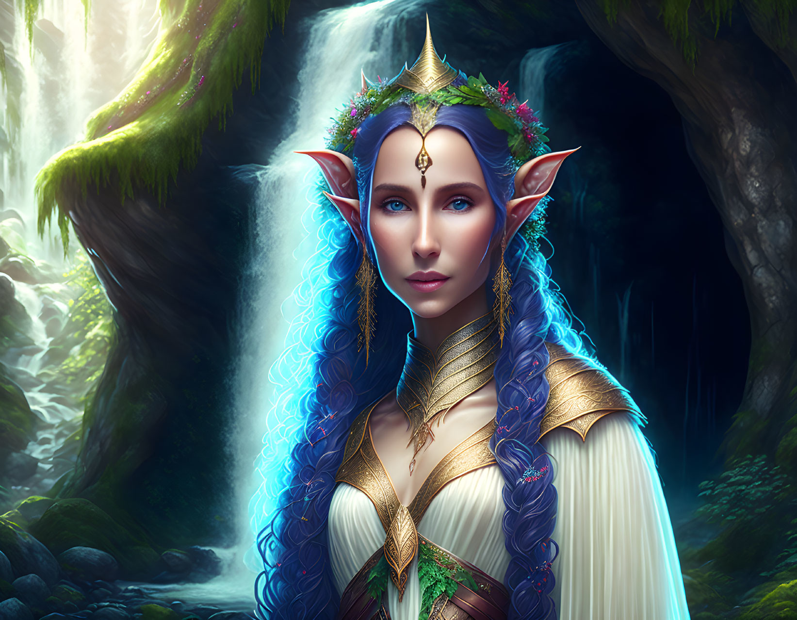 Ethereal elf with blue pointed ears in magical forest.