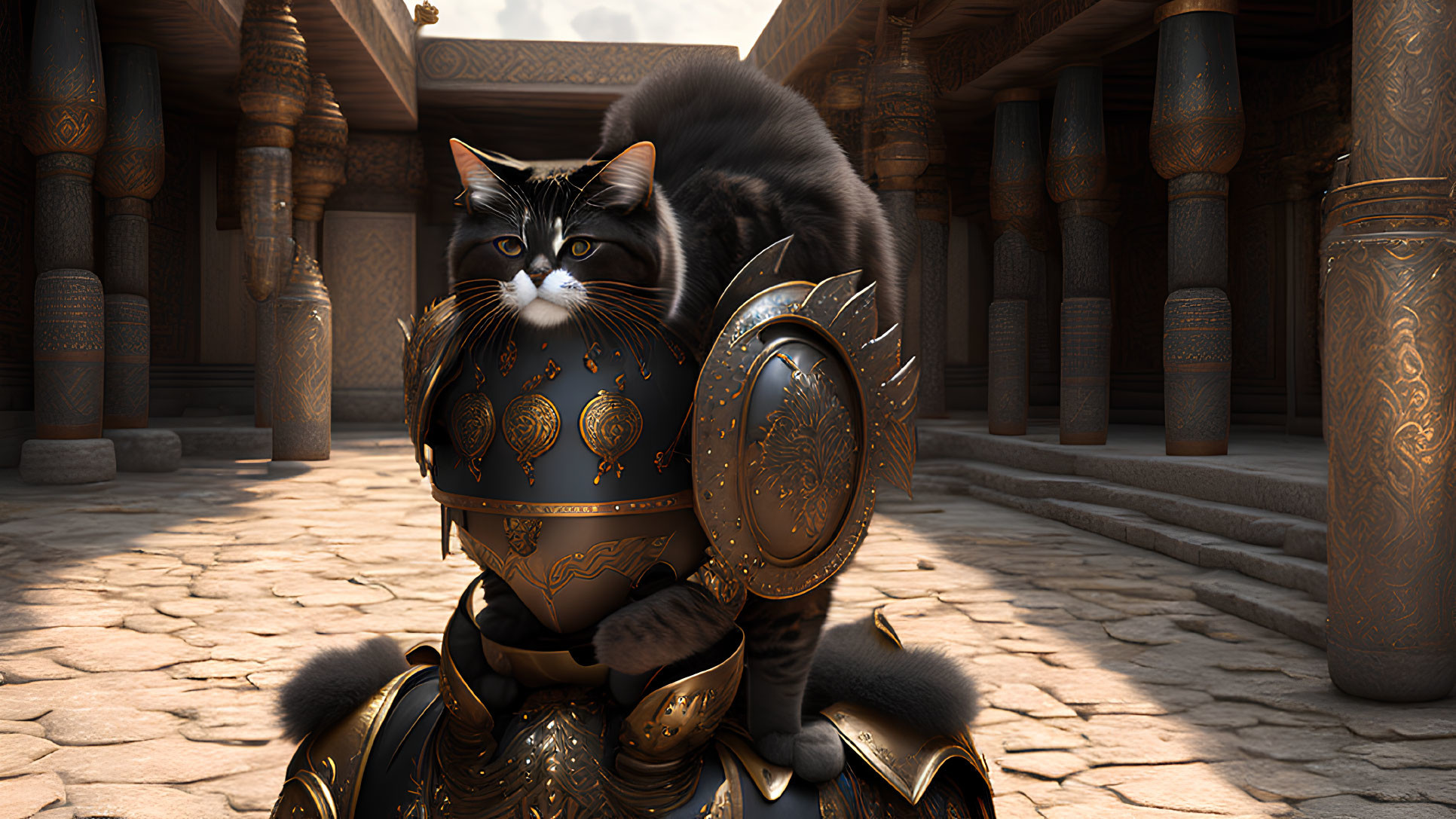 Cat on ornate medieval armor in stone-pillared hallway